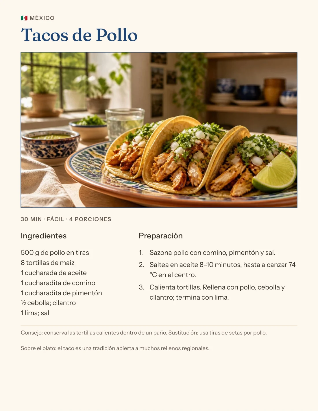 Página original del ebook con ingredientes y preparación de tacos